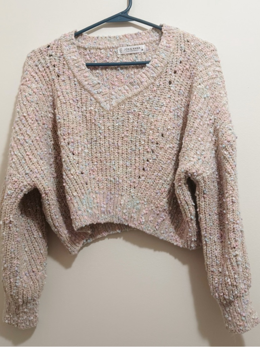 Pastel Loose Knit Cottage Cozy Speckled V-Neck Cropped Sweater Size Medium